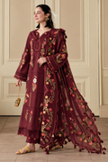 Maroon Rose Floral Embroidered Dhanak 3-Piece Suit with Shawl view 1