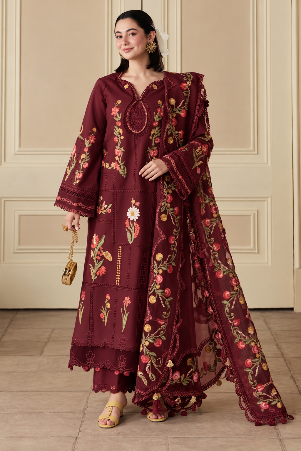 Maroon Rose Floral Embroidered Dhanak 3-Piece Suit with Shawl view 2