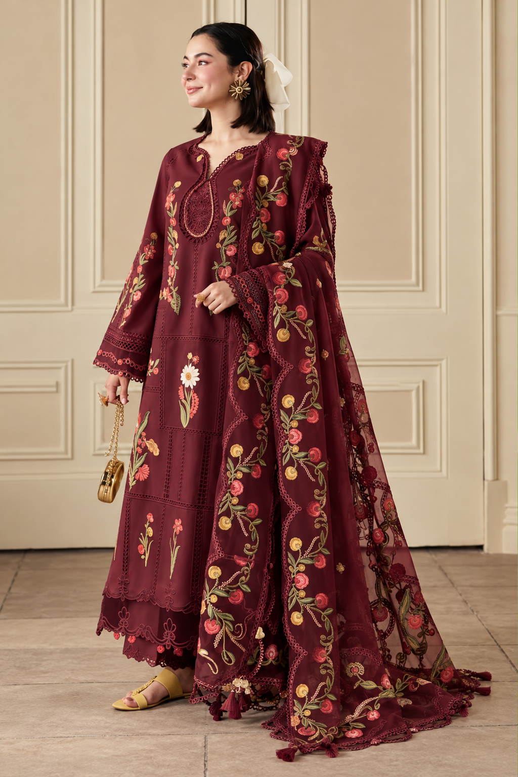Maroon Rose Floral Embroidered Dhanak 3-Piece Suit with Shawl view 3