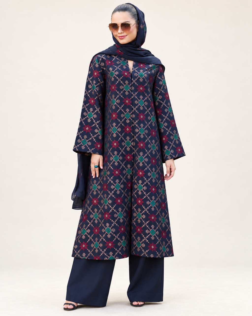 Navy Geometric embroidered Dhanak winter three-piece suit , image 1