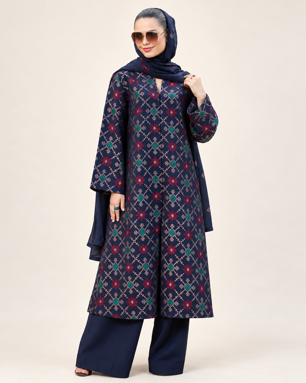 Navy Geometric embroidered Dhanak winter three-piece suit , image 4